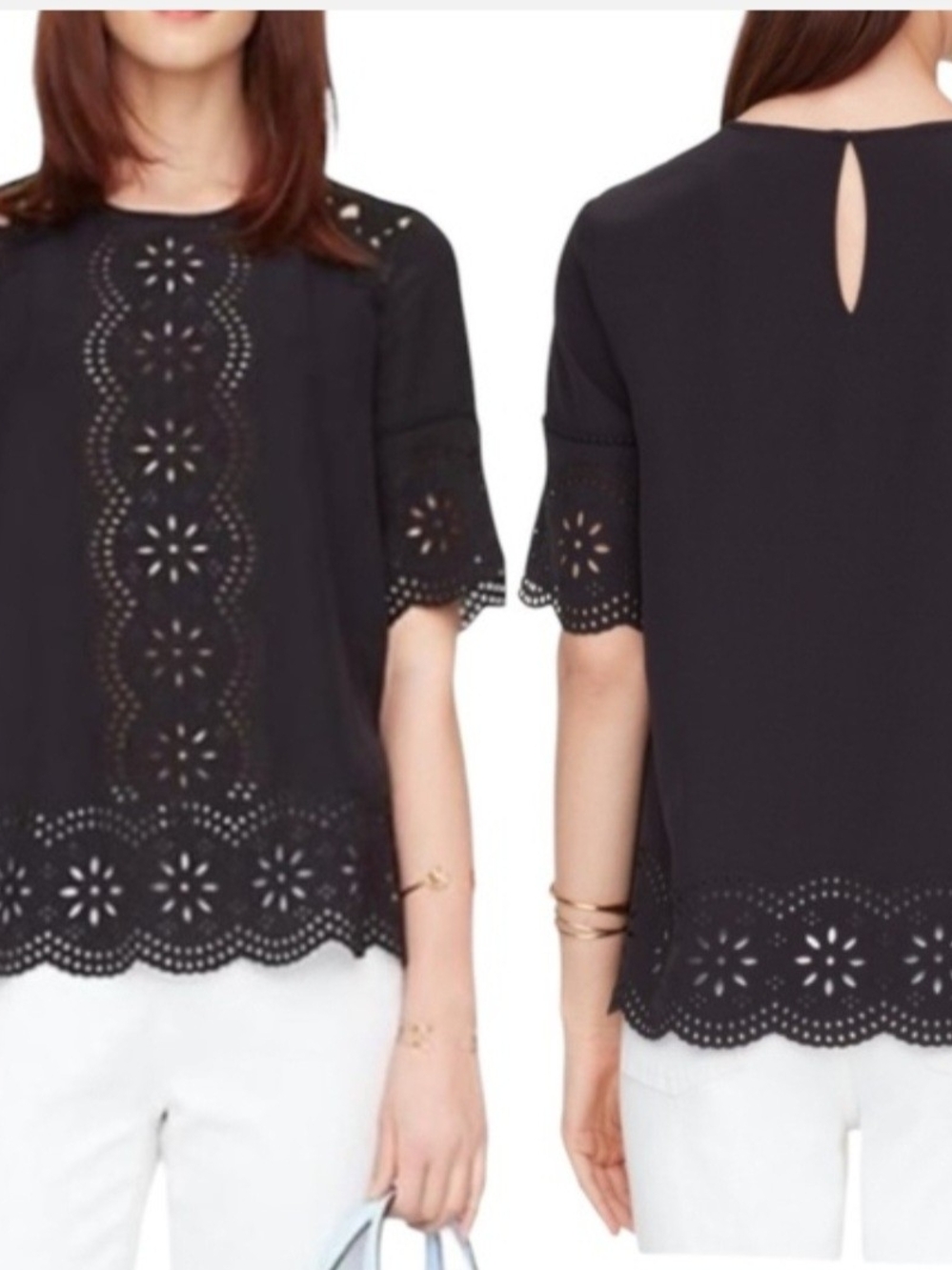 Black Eyelet Lace-Trim Short Sleeve Top